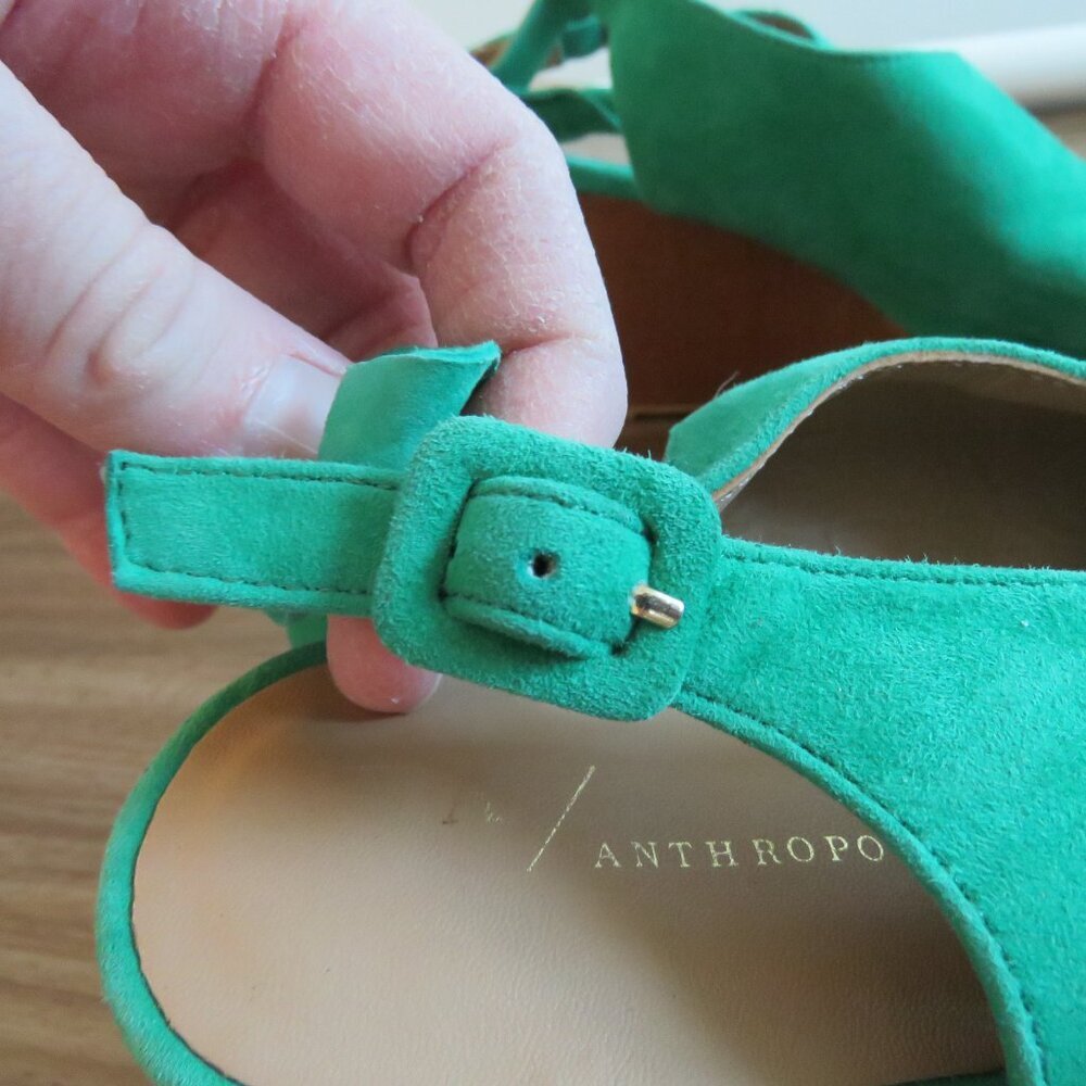 ANTHROPOLOGIE Bow Back Wooden Wedge Peeptoe Sandals in Kelly Green - Size US 10 - Picture 12 of 15